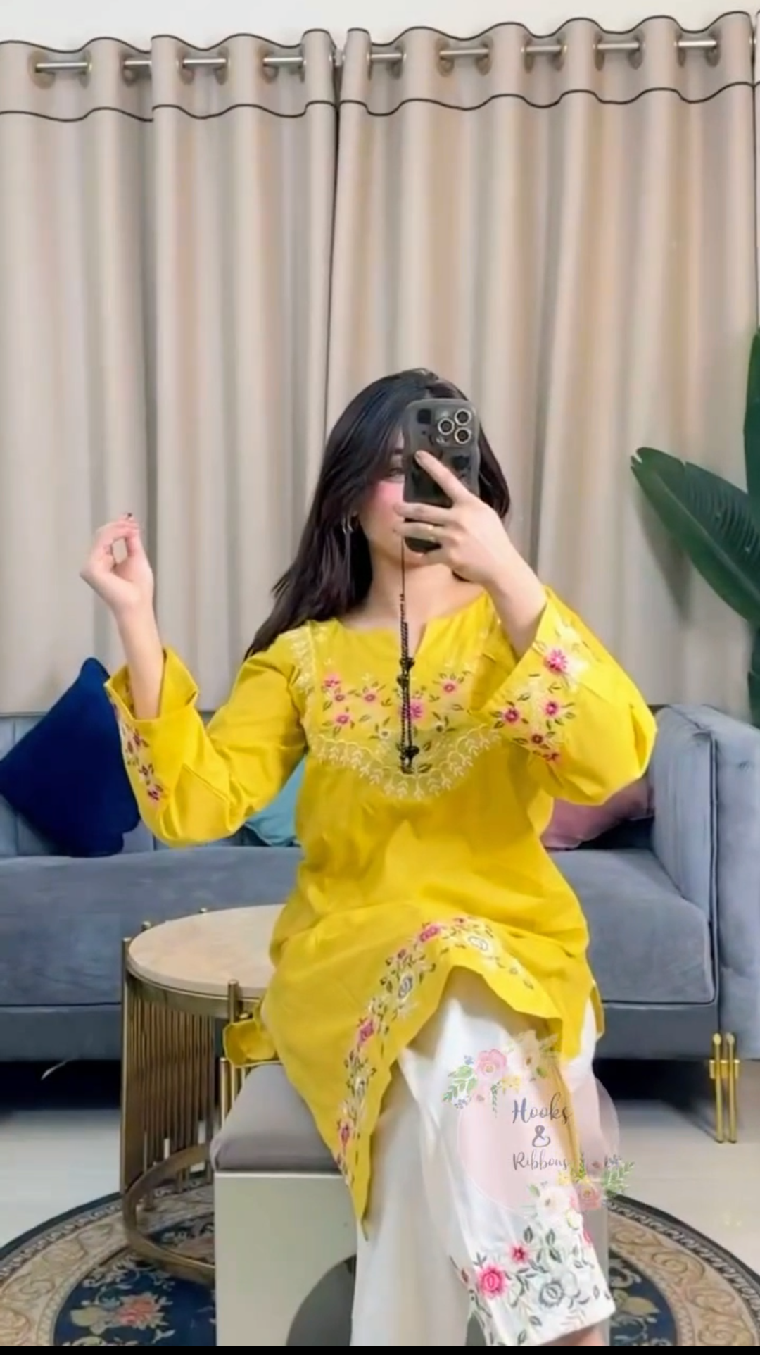 Screenshot_20250624-025907.png Yellow Floral Embroidered Cotton Kurti with White Embroidered Trouser Set - Image 1