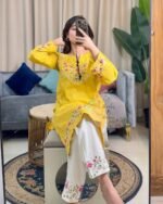 Yellow Floral Embroidered Cotton Kurti with White Embroidered Trouser Set - Image 5