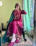 Luxury Embroidered 3-Piece Dress Set – Deep Magenta Edition - Image 3