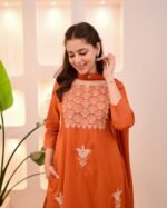 Embroidered Cotton 3-Piece Suit – Coffee & Orange (Dual Color Options) - Image 8