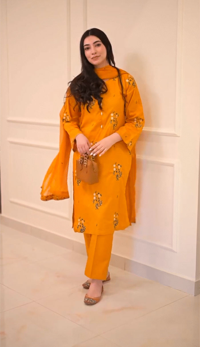 Mustard Floral Embroidered 3-Piece stitched Cotton Suit - Image 1