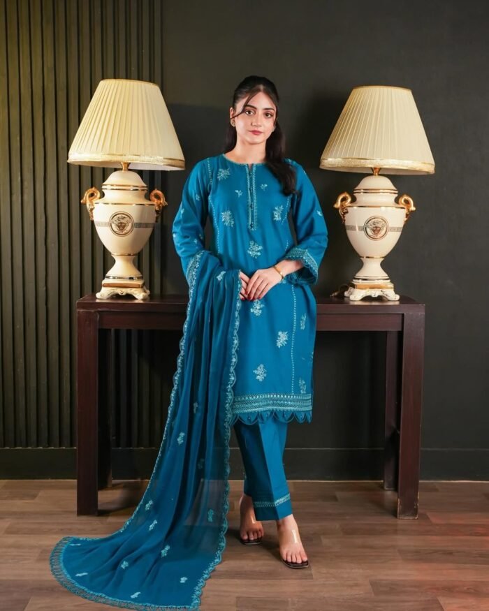 Elegant Teal Blue Embroidered 3-Piece Suit - Image 1