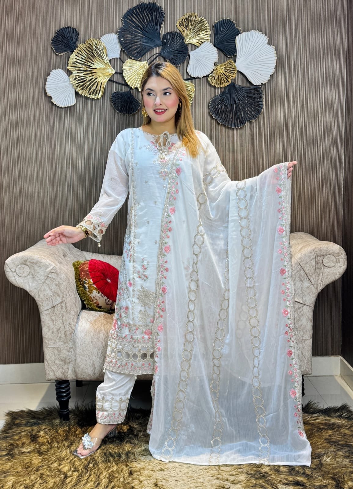 WhatsApp Image 2025-10-20 at 10.07.08 PM (1) Exclusive White Giold Indian Georget Whith Embrodary Work+Sequince Work - Image 1