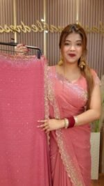 White Gold ইন্ডিয়ান জর্জেট শাড়ি – ব্লাউজ পিসসহ - Image 2